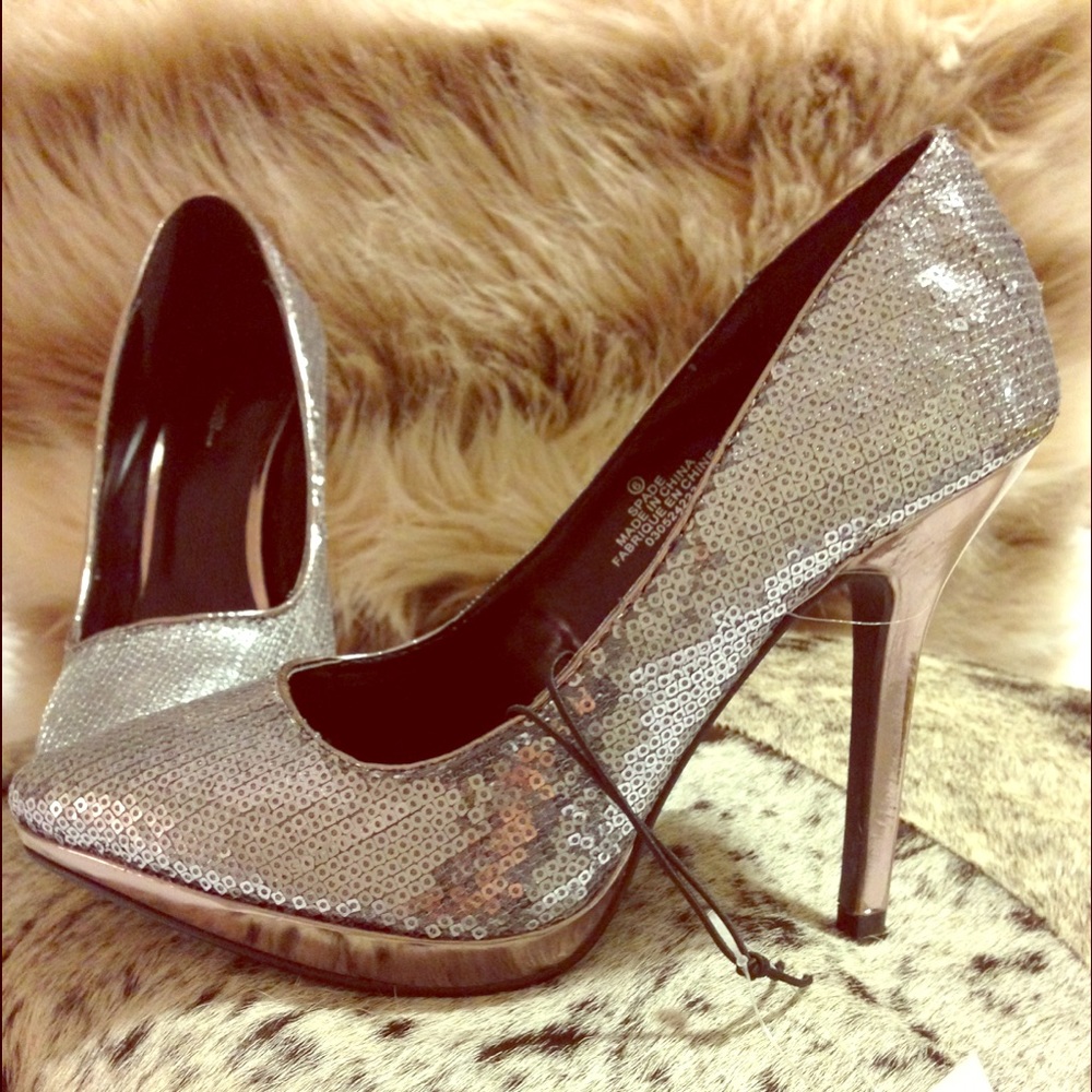 silver metallic sequinned heels